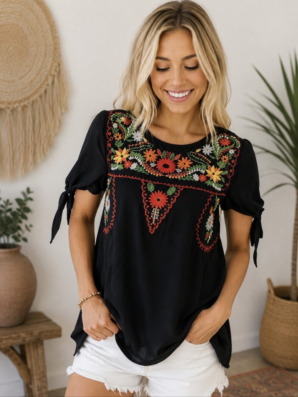 Jodifl Embroidered Boho Floral Tie-Sleeve Peasant Top Black Medium